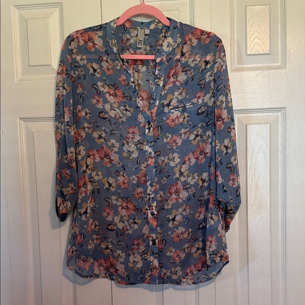 Kut from the Kloth Floral Sheer Blouse in Blue and Pink
